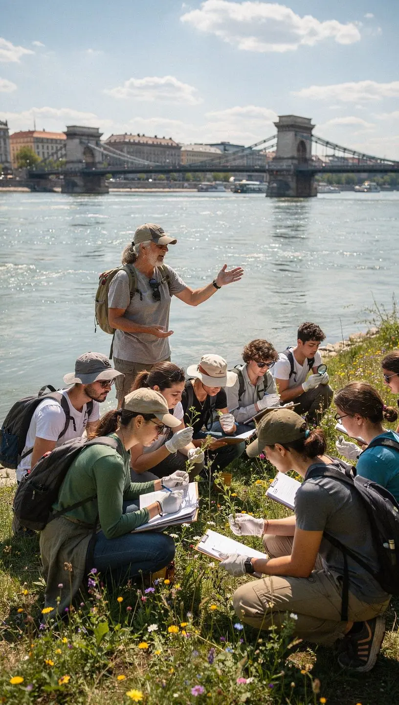 Egy diákcsoport a növényi ökoszisztémákat tanulmányozza a szabadban.